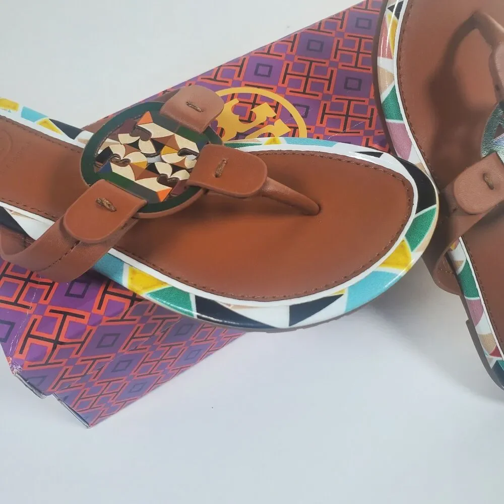 NEW Tory Burch Women’s Sandals Size 7 Brown Multicolor Logo Thong Flip Flop - Picture 4 of 9